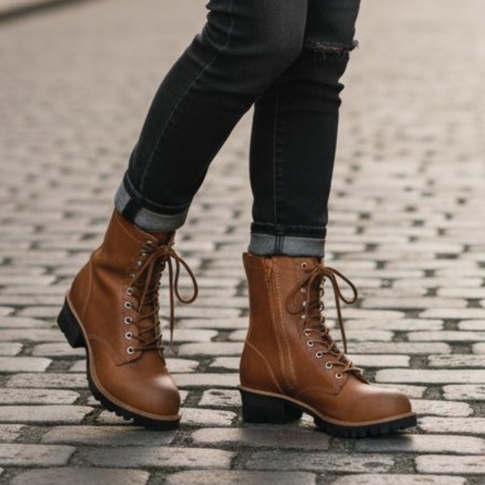 Free People Jeffrey Campbell Lucca Tan Leather Lace Combat Moto - Side Zip